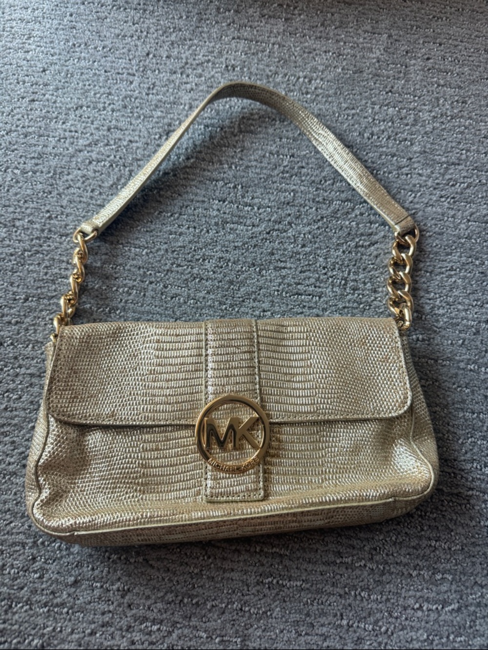 Michael Kors Lizard-Embossed Gold Shoulder Bag with Chain Detail